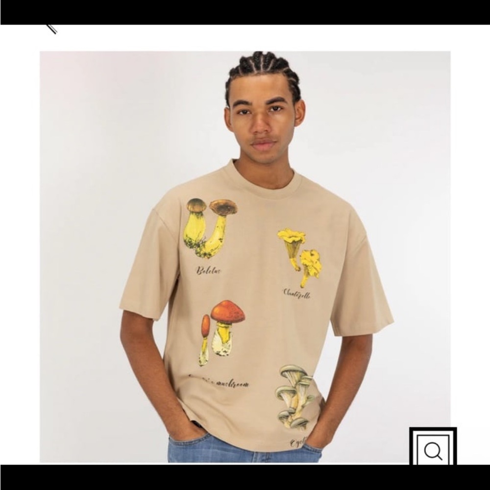 AMERICAN GARAGE Men’s Cotton Boxy Tee Shirt Beige Mushroom Print Size MEDIUM